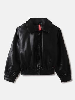 Blue Giraffe - Girls Black Solid Spread Collar Full Sleeves Biker Jacket