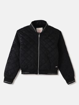 Blue Giraffe - Girls Black Embellished Stand Collar Full Sleeves Quilted Jacket