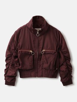 Blue Giraffe - Girls Red Solid High Neck Full Sleeves Bomber Jacket