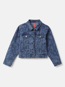 Blue Giraffe - Girls Blue Printed Spread Collar Full Sleeves Denim Jacket