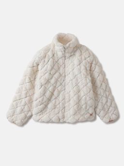 Blue Giraffe - Girls Cream Solid Stand Collar Full Sleeves Faux Fur Jacket