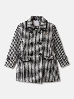 ELLE - Girls Black Checked Spread Collar Full Sleeves Overcoat