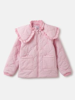 ELLE - Girls Pink Solid Ruffled Neck Full Sleeves Quilted Jacket