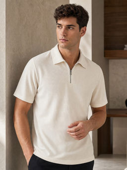 Nobero - Men Luxe Rib Solid Zipped Neck Cotton Beige Polo T-Shirt
