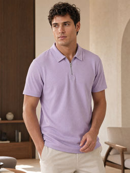 Nobero - Men Luxe Rib Solid Zipped Neck Cotton Purple Polo T-Shirt