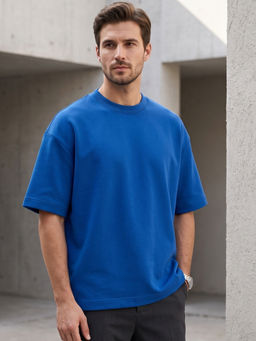 Nobero - Men Premium Oversized Solid Cotton Royal Blue T-shirt
