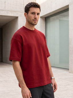 Nobero - Men Premium Oversized Solid Cotton Red T-shirt