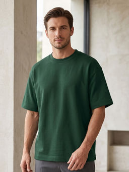 Nobero - Men Premium Oversized Solid Cotton Green T-shirt