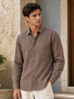 Nobero - Men Breezy Premium Cotton Linen Solid Brown Casual Shirt