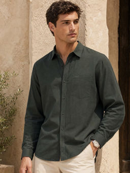 Nobero - Men Breezy Premium Cotton Linen Solid Dark Green Casual Shirt