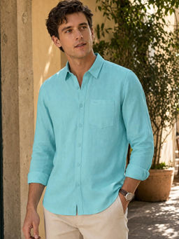 Nobero - Men Breezy Premium Cotton Linen Solid Blue Casual Shirt