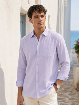 Nobero - Men Breezy Premium Cotton Linen Solid Purple Casual Shirt