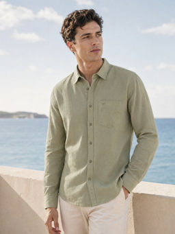 Nobero - Men Breezy Premium Cotton Linen Solid Saga Green Casual Shirt
