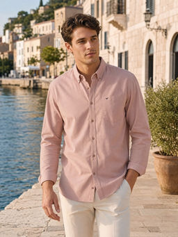 Nobero - Men Oxford Solid Cotton Peach Casual Shirt