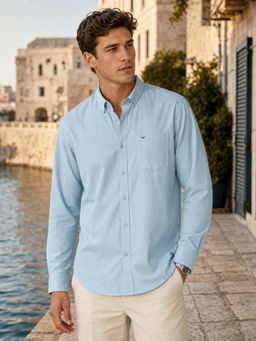 Nobero - Men Oxford Solid Cotton Blue Casual Shirt