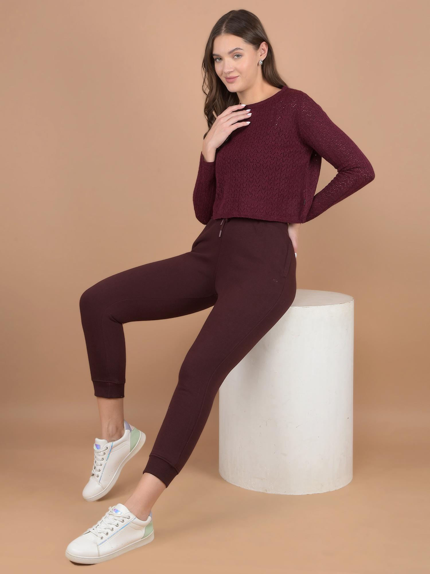 crimsoune club Women Maroon Self Design Crop Length Acrylic Sweater-picture-17