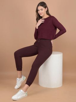 CRIMSOUNE CLUB - Women Maroon Self Design Crop Length Acrylic Sweater