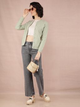 CRIMSOUNE CLUB - Women Green Self Design Acrylic Cardigan