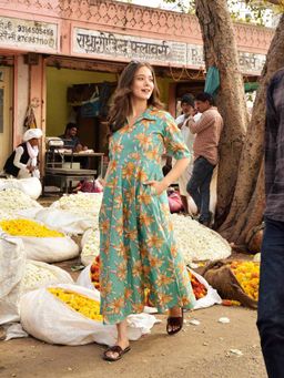 DIMPLE DESIGN STUDIO - Turquoise Cotton Printed Maxi Dress