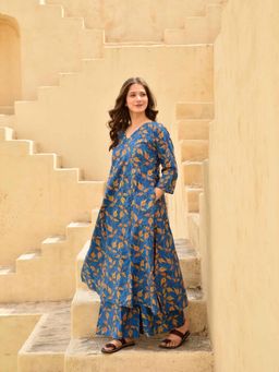 DIMPLE DESIGN STUDIO - Royal Blue A-Line Printed Kurta with Palazzo (Set of 2)