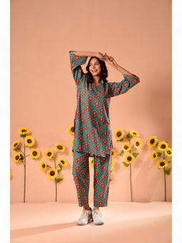 DIMPLE DESIGN STUDIO - Maya Teal Print Kurta and Pant (Set of 2)