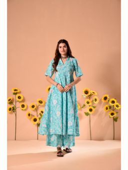 DIMPLE DESIGN STUDIO - Ayesha Blue Cotton Floral Printed Kurta with Palazzo (Set of 2)