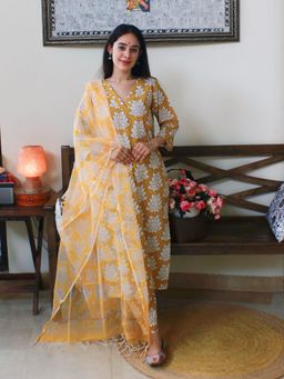 DIMPLE DESIGN STUDIO - Yellow Lotus Cotton Printed Kurta with Pant and Dupatta (Set of 3)