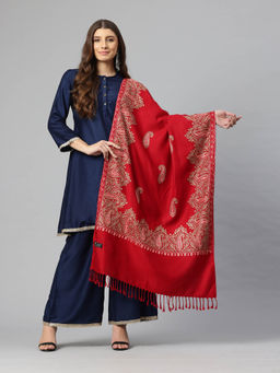 SWI STYLISH - Women Maroon Aari Embroidered Wool Stole