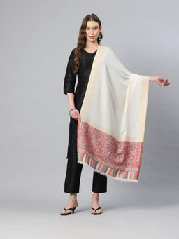 SWI STYLISH - Women White Kani Wool Stole With Zari Border