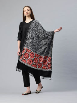SWI STYLISH - Women Black Aari Embroidered Wool Stole