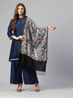 SWI STYLISH - Women Black Aari Embroidered Wool Stole