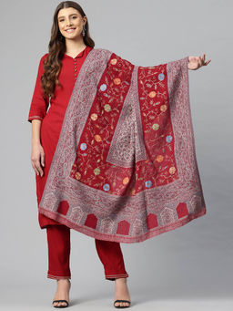 SWI STYLISH - Women Red Aari Embroidered Pure Wool Shawl