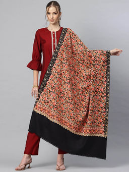 SWI STYLISH - Women Black Aari Embroidered Wool Shawl