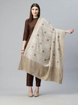 SWI STYLISH - Womens Beige Embroidered Pashmina Pure Wool Shawl