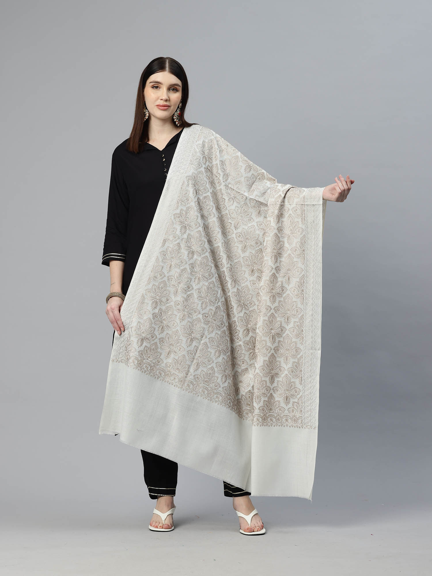 swi stylish Womens White Aari Embroidered Wool Shawl-picture-43