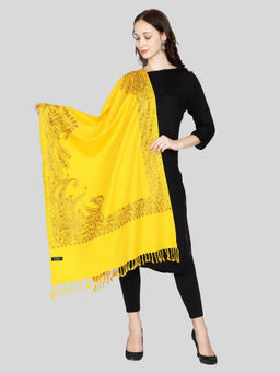 SWI STYLISH - Womens Yellow Aari Embroidery Wool Stole