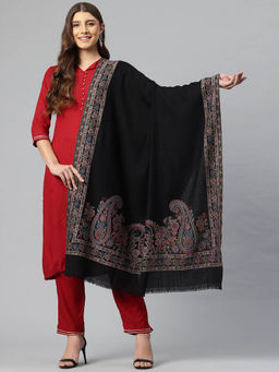 SWI STYLISH - Women Black Aari Embroidered Wool Shawl
