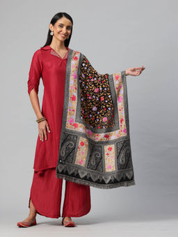 SWI STYLISH - Women Beige Jamawar Aari Embroidered Pure Wool Stole