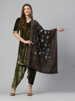 SWI STYLISH - Women Black Jamawar Aari Embroidered Pure Wool Stole