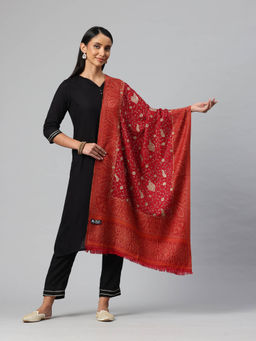 SWI STYLISH - Women Maroon Jamawar Aari Embroidered Pure Wool Stole