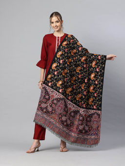 SWI STYLISH - Women Black Jamawar Aari Embroidered Pure Wool Shawl