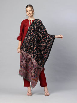 SWI STYLISH - Women Black Jamawar Aari Embroidered Pure Wool Stole