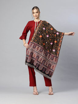SWI STYLISH - Women Black Jamawar Aari Embroidered Pure Wool Stole