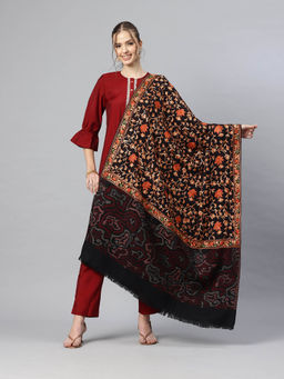 SWI STYLISH - Women Black Jamawar Aari Embroidered Pure Wool Shawl