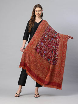 SWI STYLISH - Women Maroon Jamawar Aari Embroidered Pure Wool Shawl