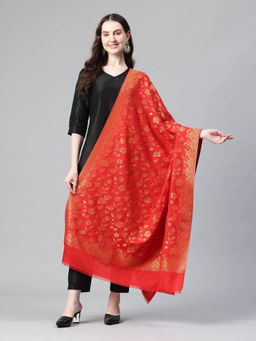 SWI STYLISH - Womens Red Zari Kani Modal Jamawar Shawl