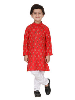 FOURFOLDS - Ethnic Wear Red Printed Kurta Pyjama for Boys (Set of 2)