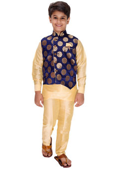 FOURFOLDS - Ethnic Wear Navy Blue & Gold Kurta Pyjama with Jacket for Boys (Set of 3)