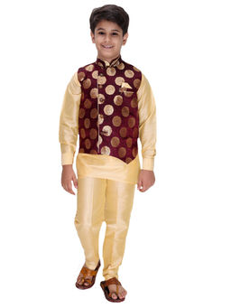 FOURFOLDS - Ethnic Wear Maroon & Gold Kurta Pyjama with Jacket for Boys (Set of 3)