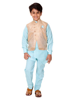 FOURFOLDS - Ethnic Wear Blue Kurta Pyjama with Jacket for Boys (Set of 3)